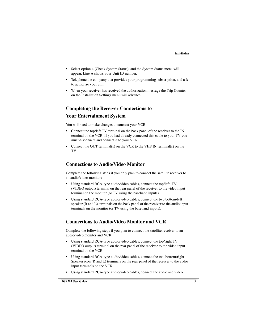 Motorola DSR205 manual Connections to Audio/Video Monitor and VCR 