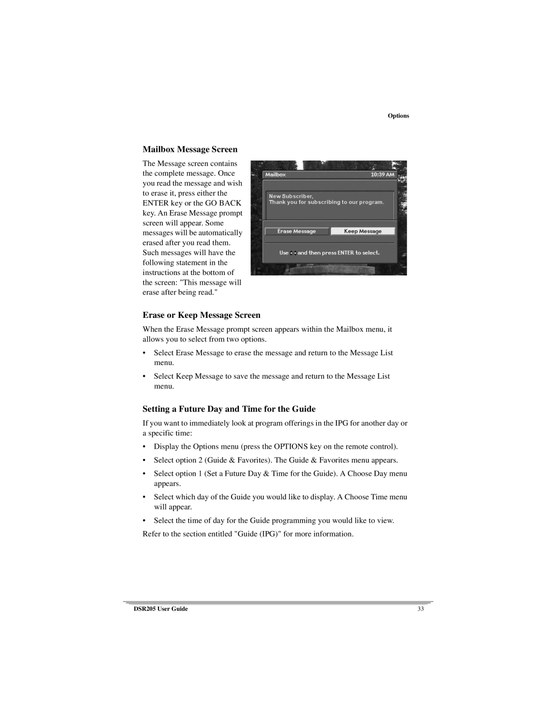 Motorola DSR205 manual Mailbox Message Screen, Erase or Keep Message Screen, Setting a Future Day and Time for the Guide 