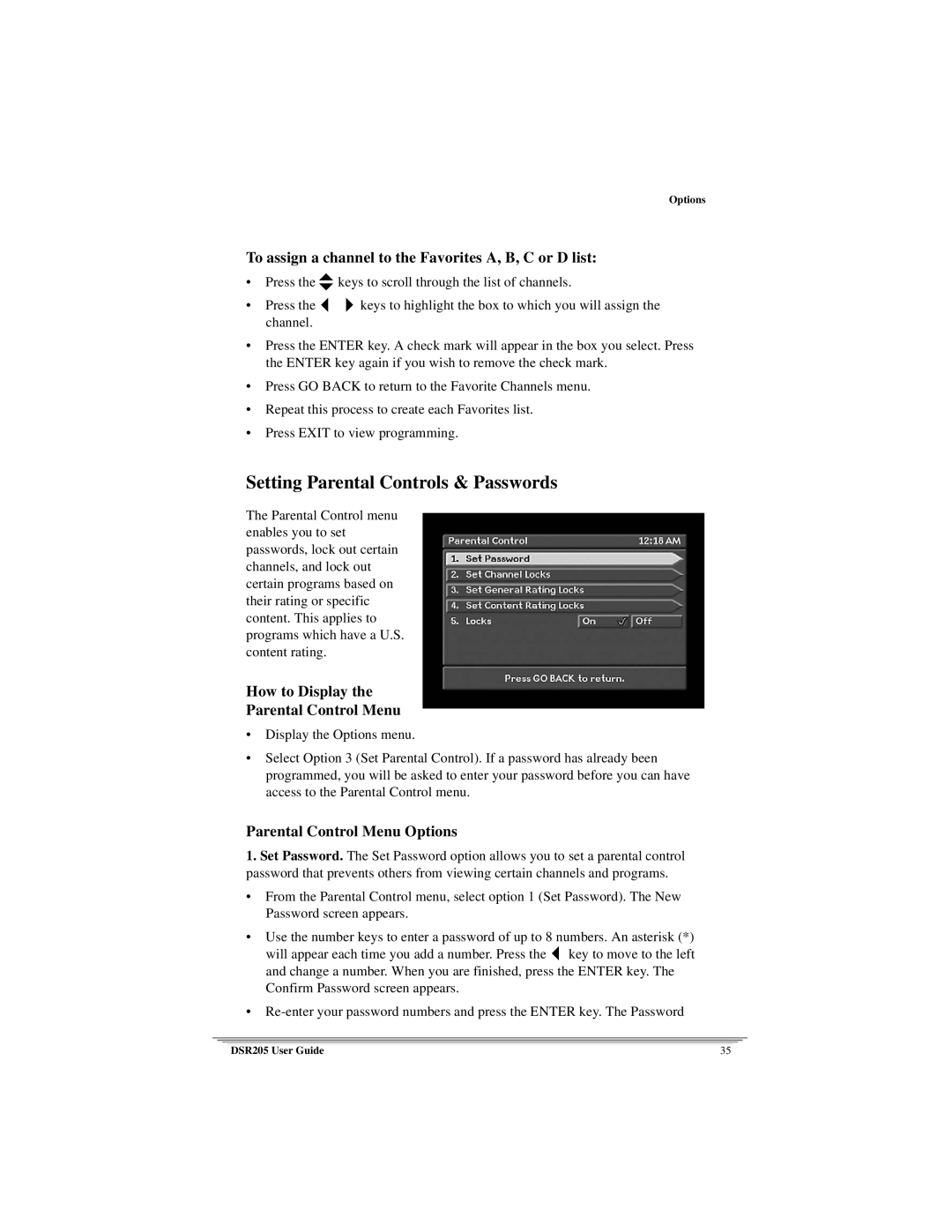 Motorola DSR205 manual Setting Parental Controls & Passwords, To assign a channel to the Favorites A, B, C or D list 