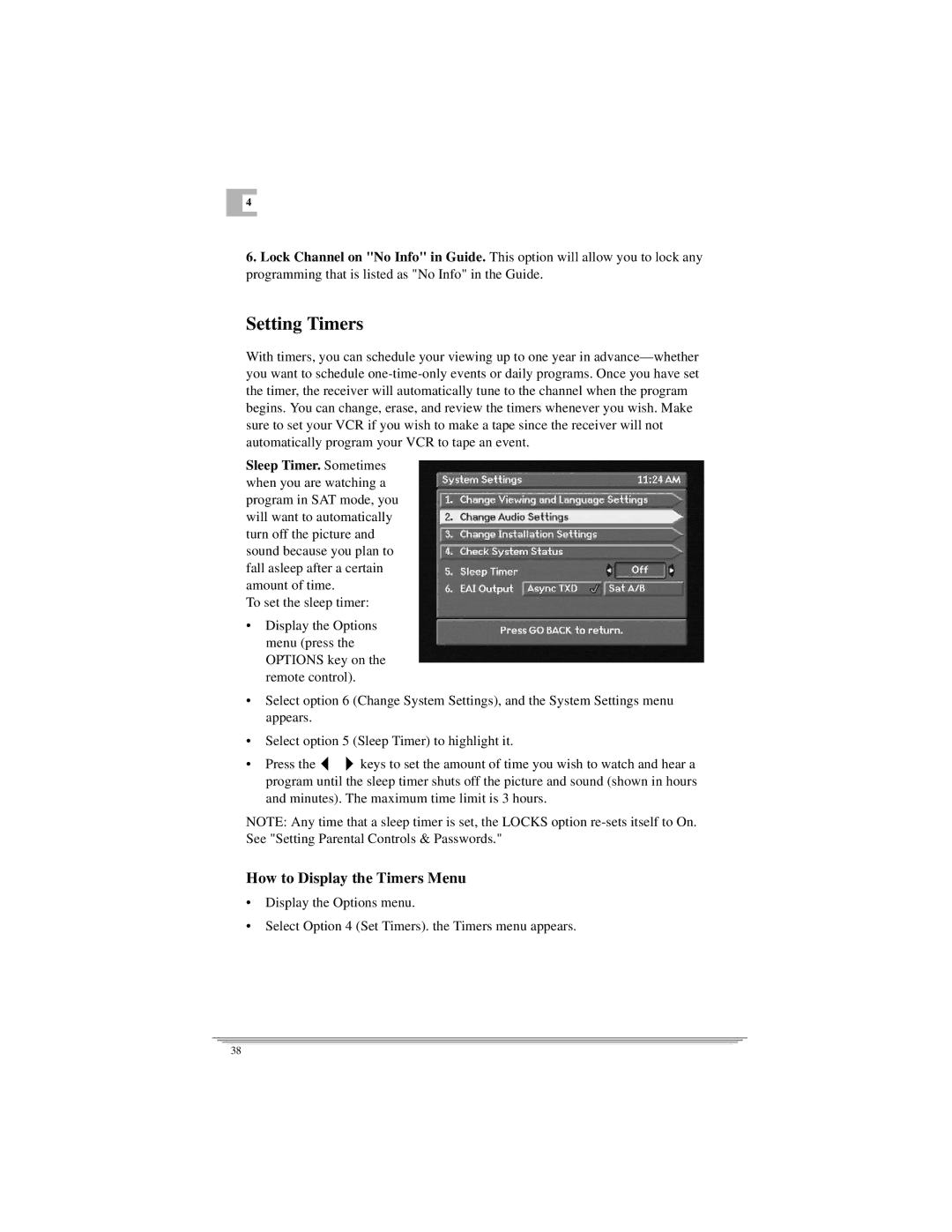 Motorola DSR205 manual Setting Timers, How to Display the Timers Menu 