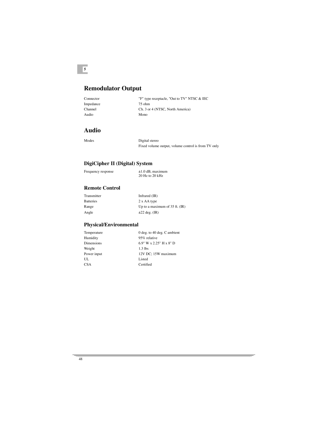 Motorola DSR205 manual Remodulator Output, Audio, DigiCipher II Digital System, Remote Control, Physical/Environmental 