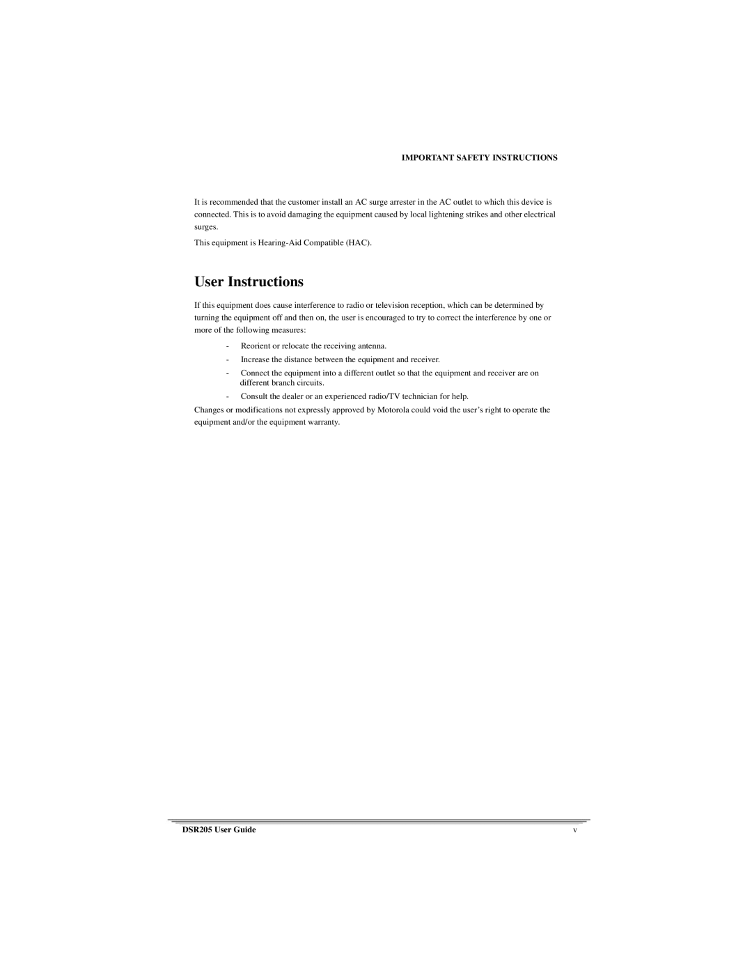 Motorola DSR205 manual User Instructions 