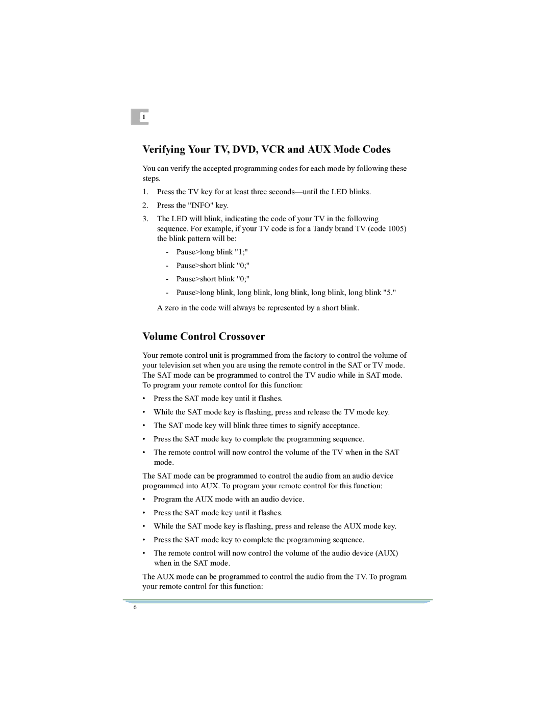 Motorola DSR315 manual Verifying Your TV, DVD, VCR and AUX Mode Codes, Volume Control Crossover 