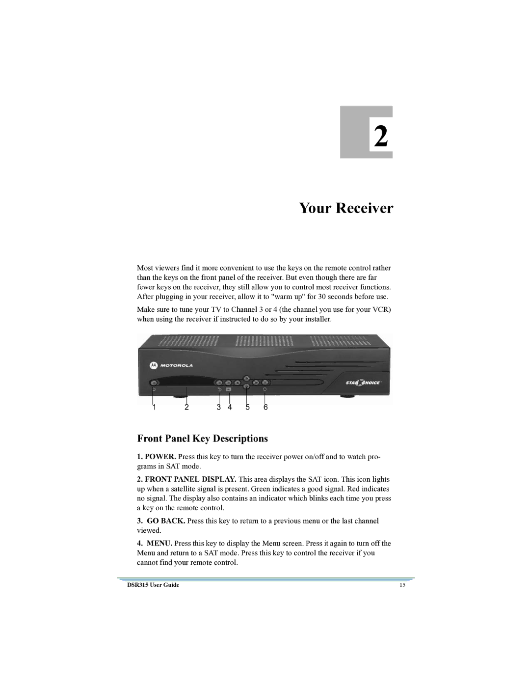 Motorola DSR315 manual Your Receiver, Front Panel Key Descriptions 