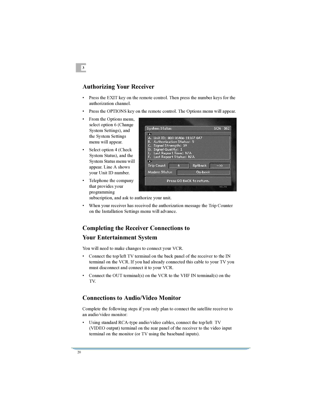 Motorola DSR315 manual Authorizing Your Receiver, Connections to Audio/Video Monitor 