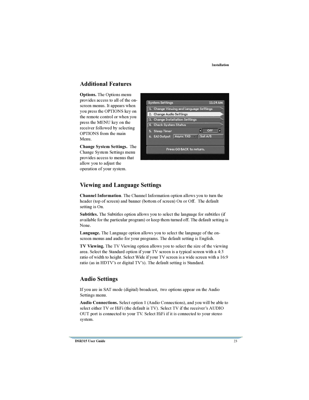 Motorola DSR315 manual Additional Features, Viewing and Language Settings, Audio Settings 