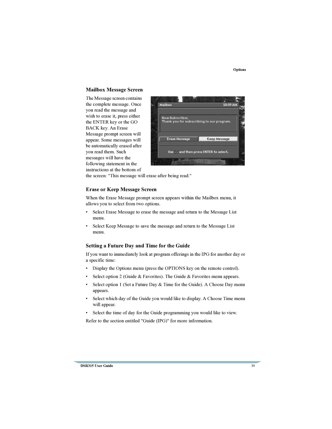 Motorola DSR315 manual Mailbox Message Screen, Erase or Keep Message Screen, Setting a Future Day and Time for the Guide 