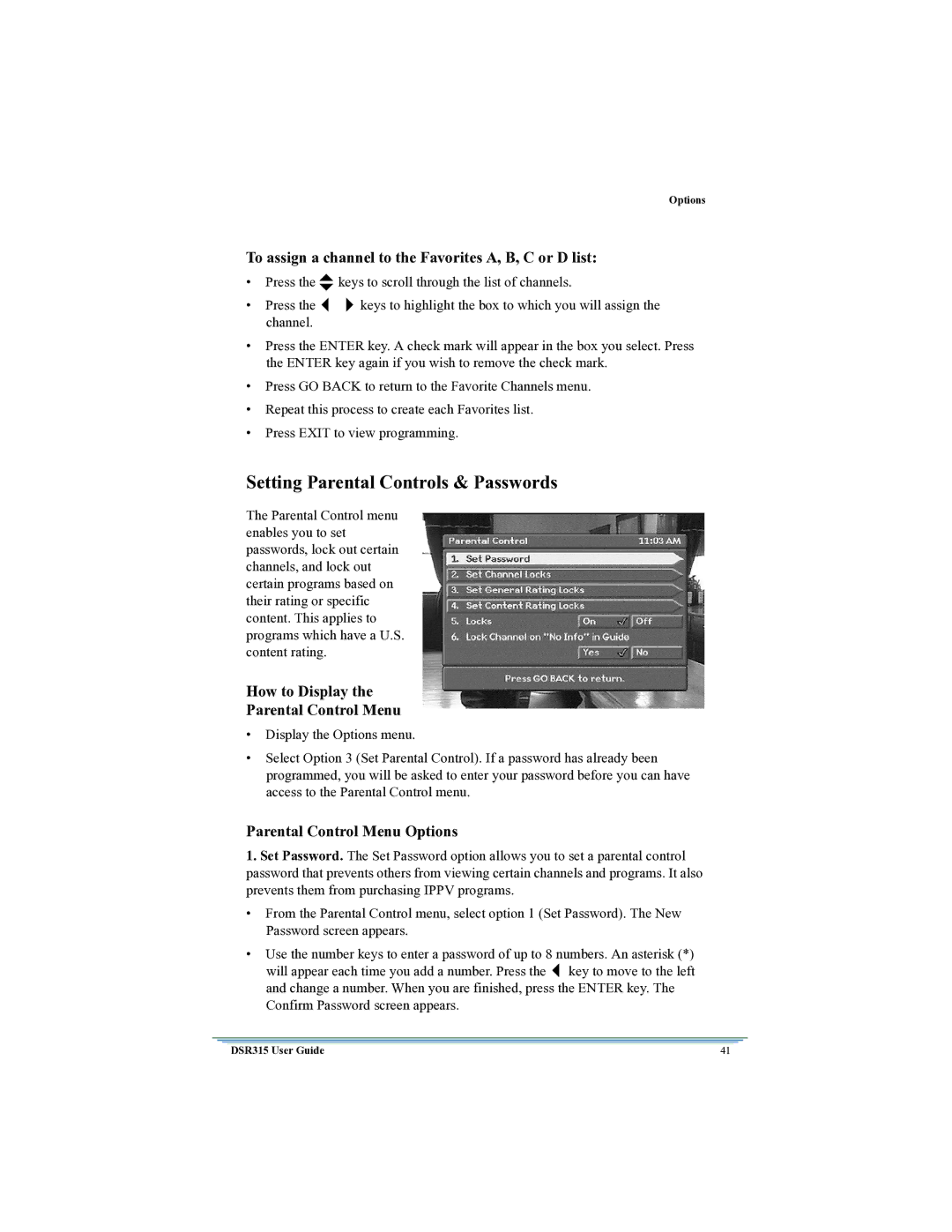 Motorola DSR315 manual Setting Parental Controls & Passwords, To assign a channel to the Favorites A, B, C or D list 