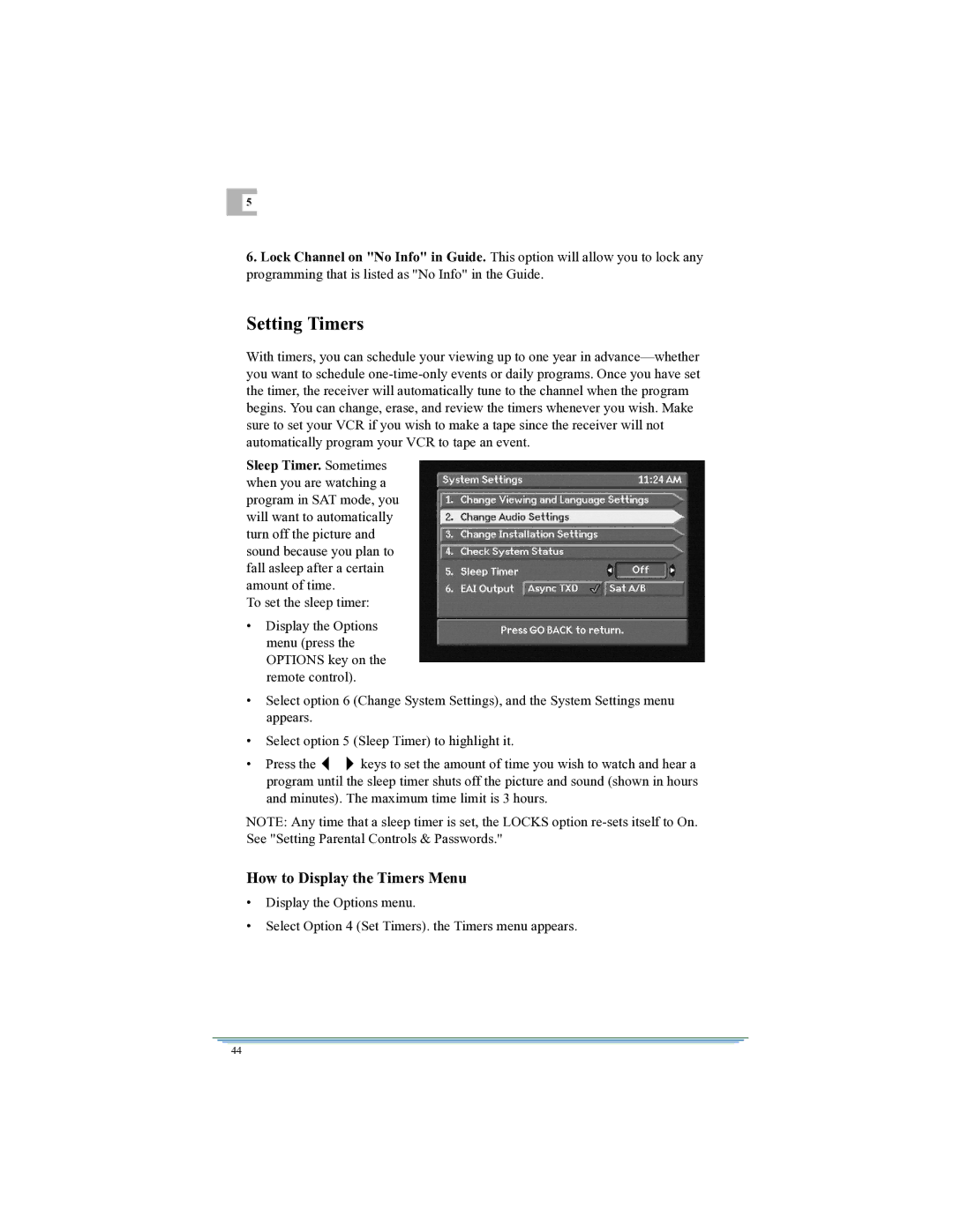 Motorola DSR315 manual Setting Timers, How to Display the Timers Menu 