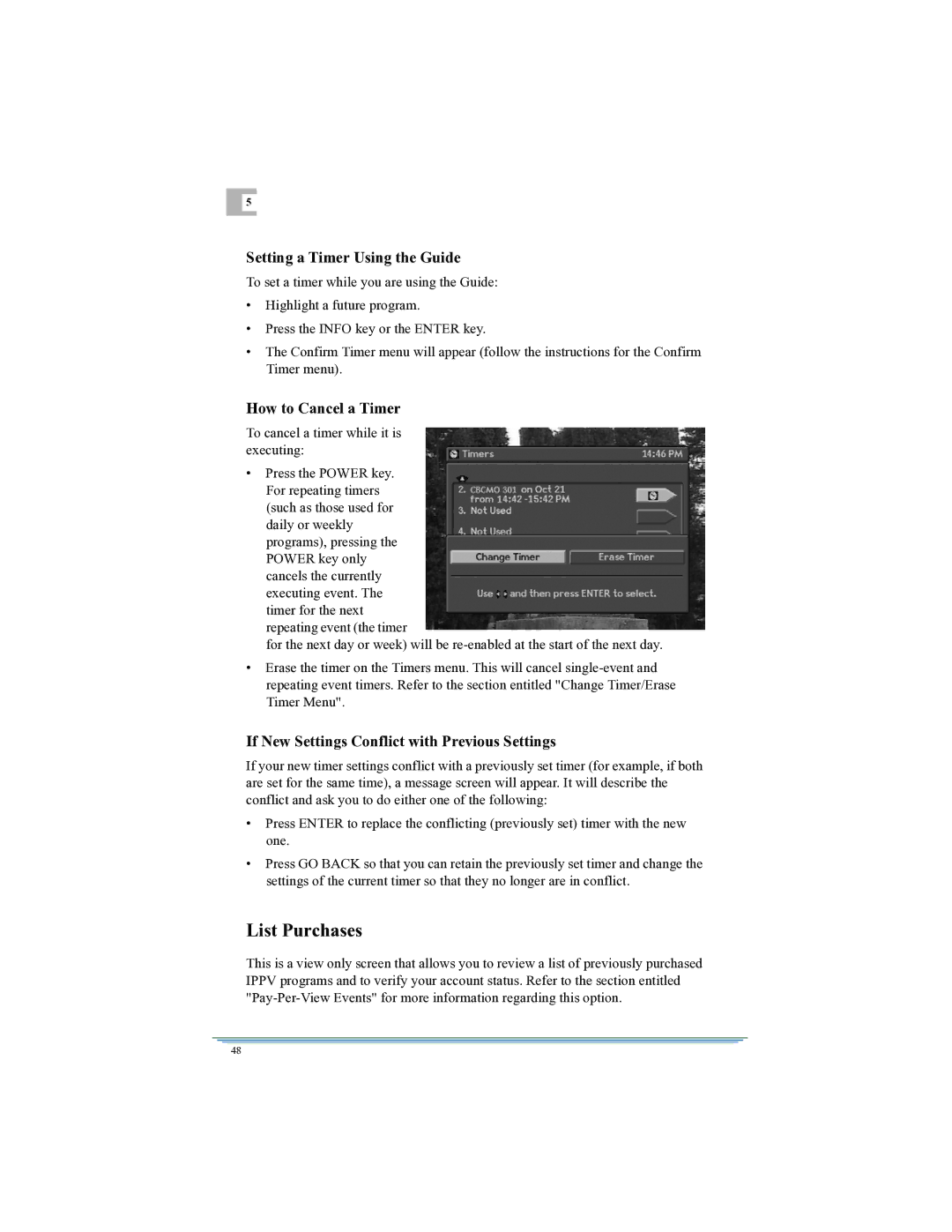 Motorola DSR315 manual List Purchases, Setting a Timer Using the Guide, How to Cancel a Timer 