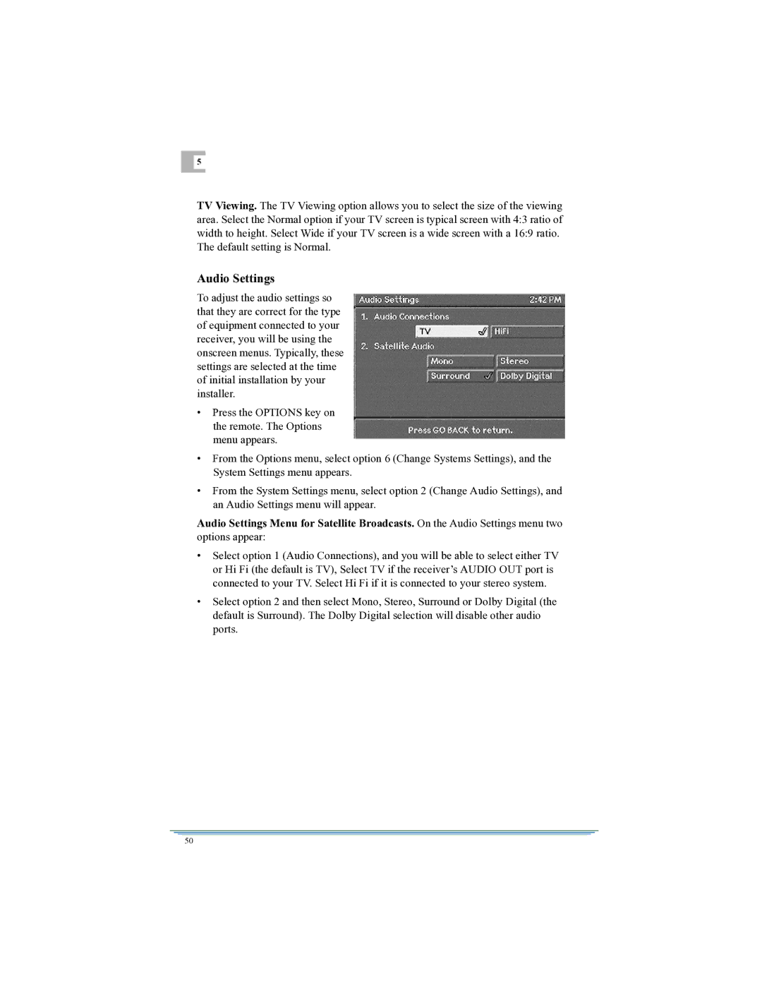 Motorola DSR315 manual Audio Settings 