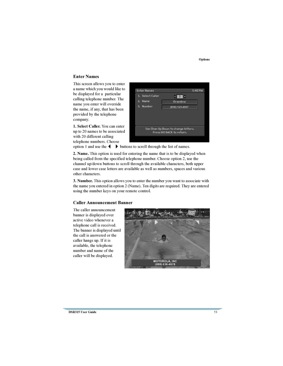 Motorola DSR315 manual Enter Names, Caller Announcement Banner 