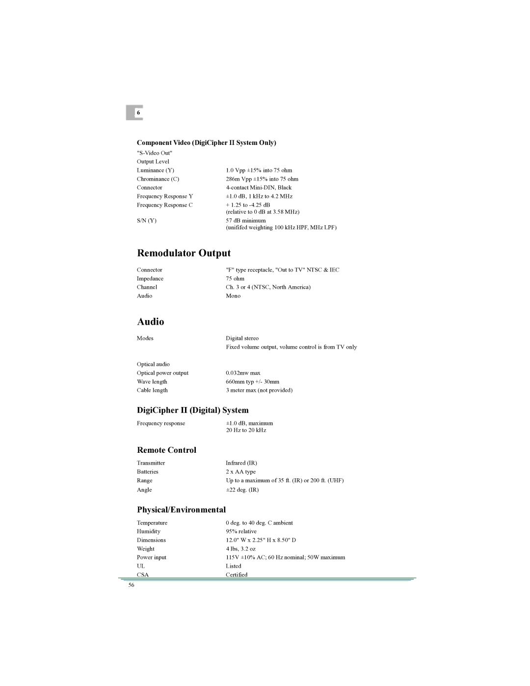 Motorola DSR315 manual Remodulator Output, Audio, DigiCipher II Digital System, Remote Control, Physical/Environmental 