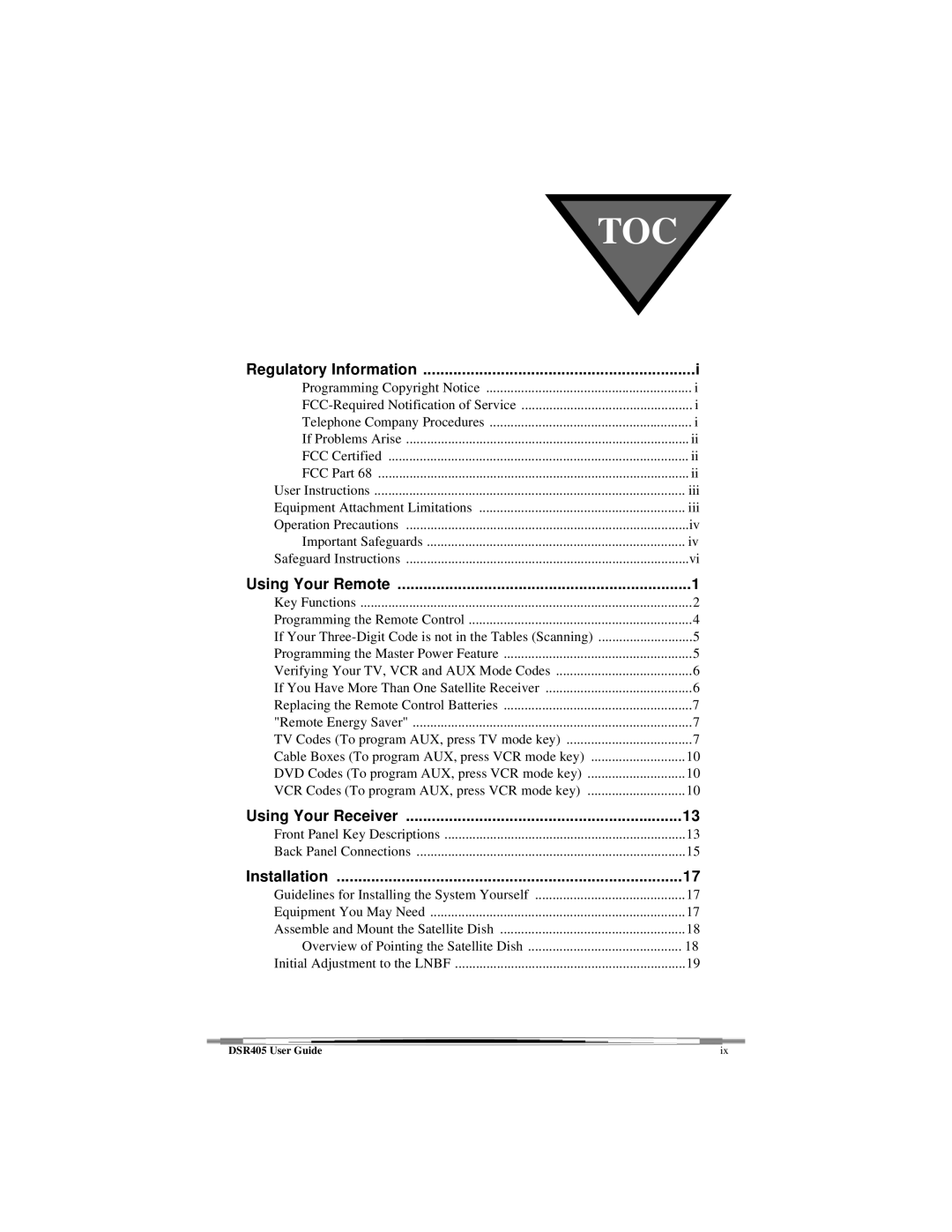 Motorola DSR405 manual Toc 