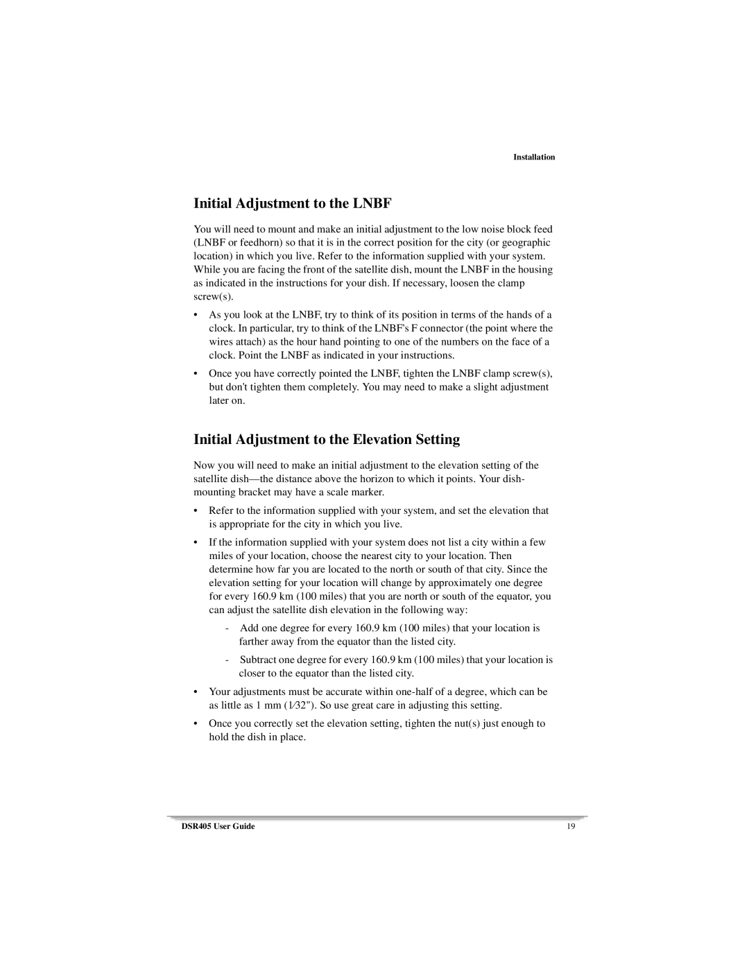 Motorola DSR405 manual Initial Adjustment to the Lnbf, Initial Adjustment to the Elevation Setting 