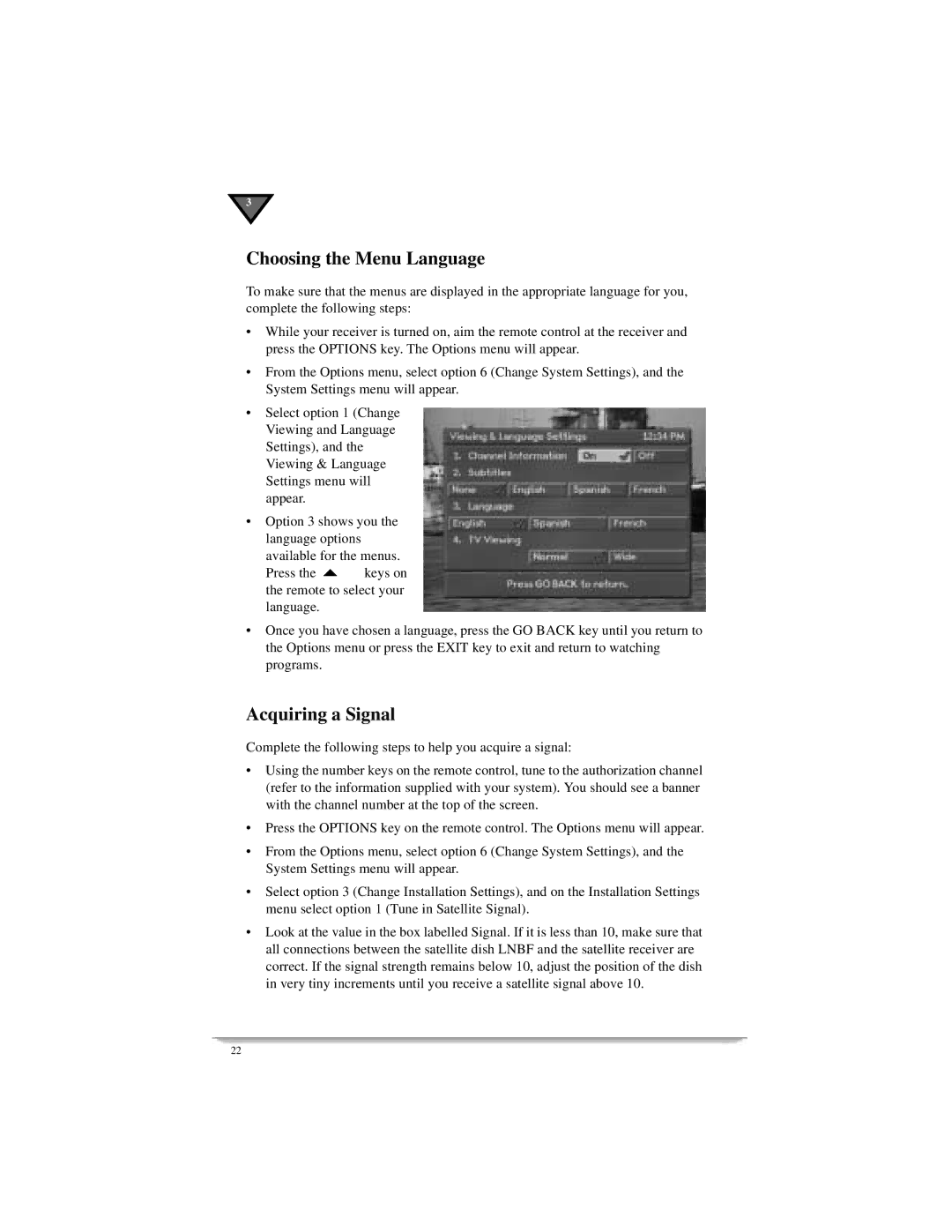 Motorola DSR405 manual Choosing the Menu Language, Acquiring a Signal 