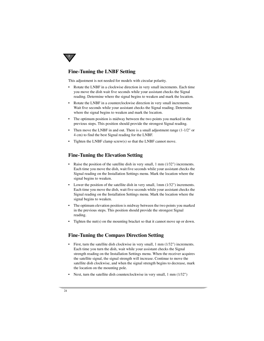 Motorola DSR405 Fine-Tuning the Lnbf Setting, Fine-Tuning the Elevation Setting, Fine-Tuning the Compass Direction Setting 