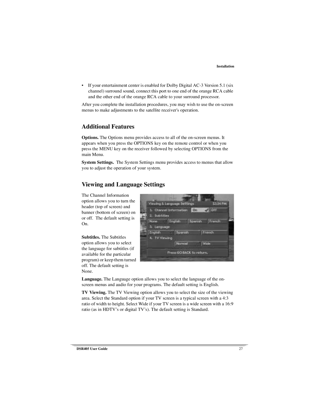 Motorola DSR405 manual Additional Features, Viewing and Language Settings 