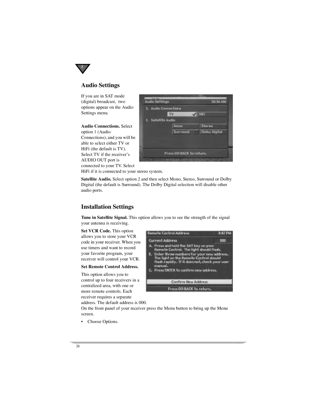 Motorola DSR405 manual Audio Settings, Installation Settings 