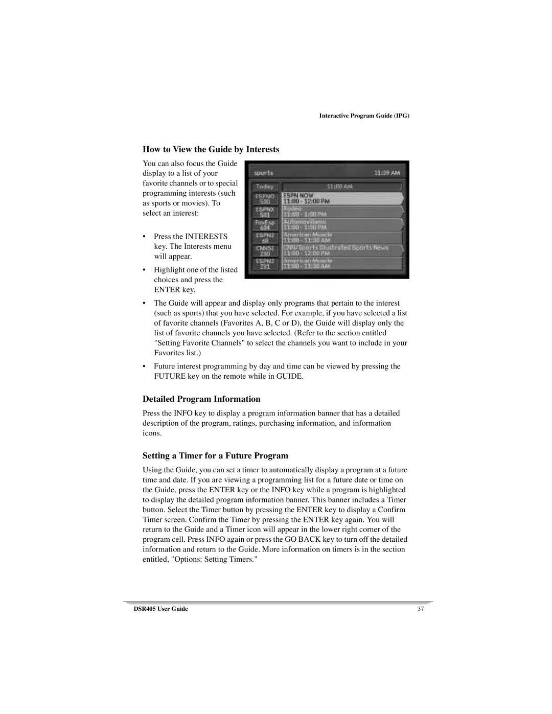 Motorola DSR405 How to View the Guide by Interests, Detailed Program Information, Setting a Timer for a Future Program 