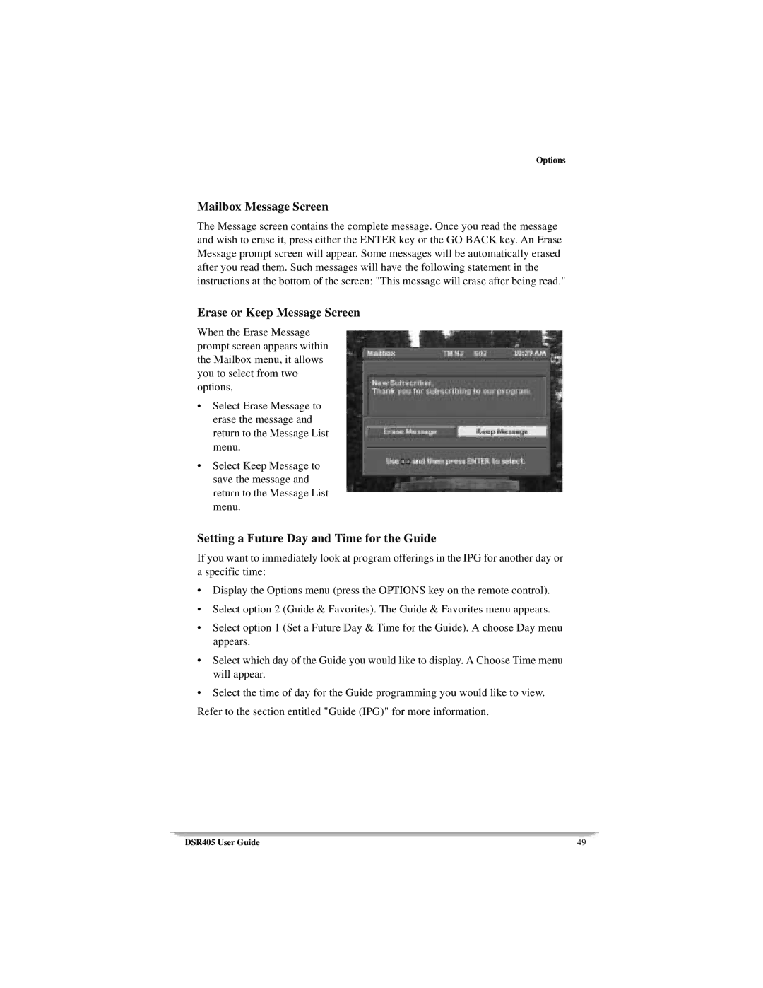 Motorola DSR405 manual Mailbox Message Screen, Erase or Keep Message Screen, Setting a Future Day and Time for the Guide 