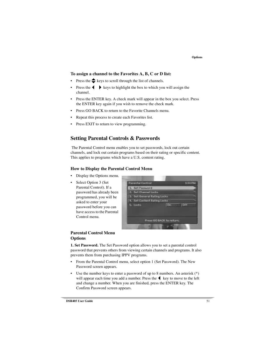 Motorola DSR405 manual Setting Parental Controls & Passwords, To assign a channel to the Favorites A, B, C or D list 