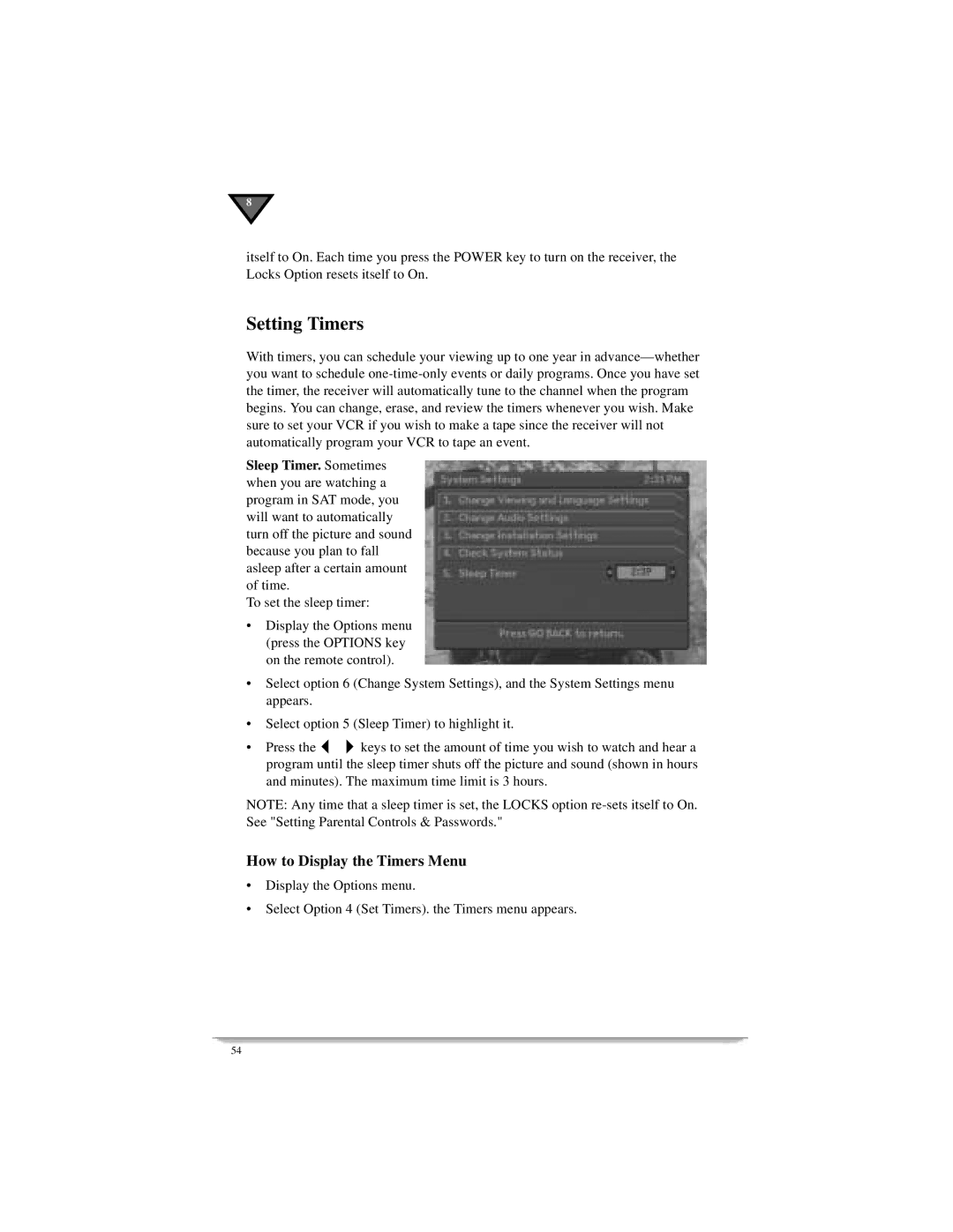 Motorola DSR405 manual Setting Timers, How to Display the Timers Menu 