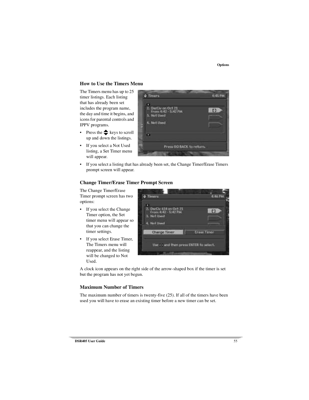 Motorola DSR405 manual How to Use the Timers Menu, Change Timer/Erase Timer Prompt Screen, Maximum Number of Timers 