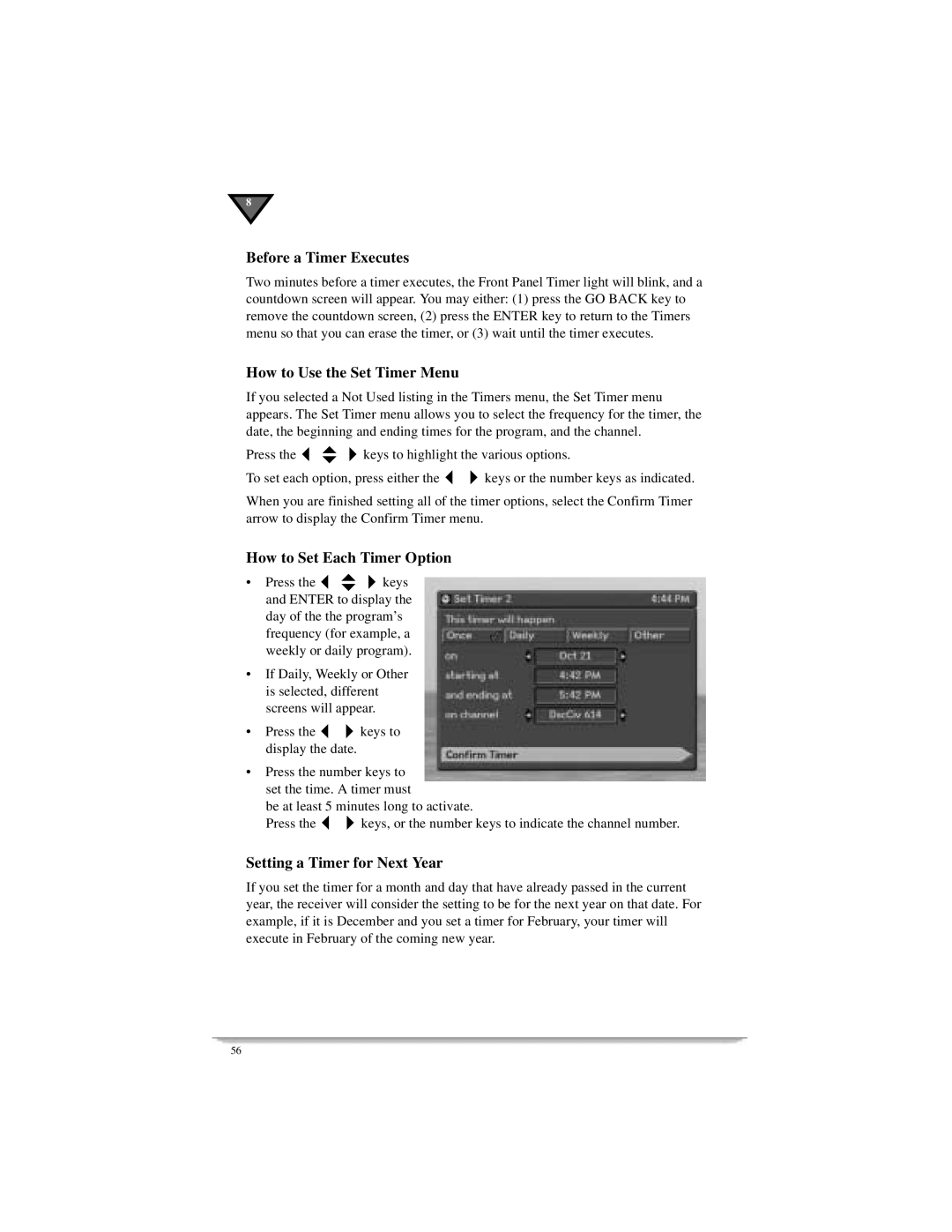 Motorola DSR405 manual Before a Timer Executes, How to Use the Set Timer Menu, How to Set Each Timer Option 