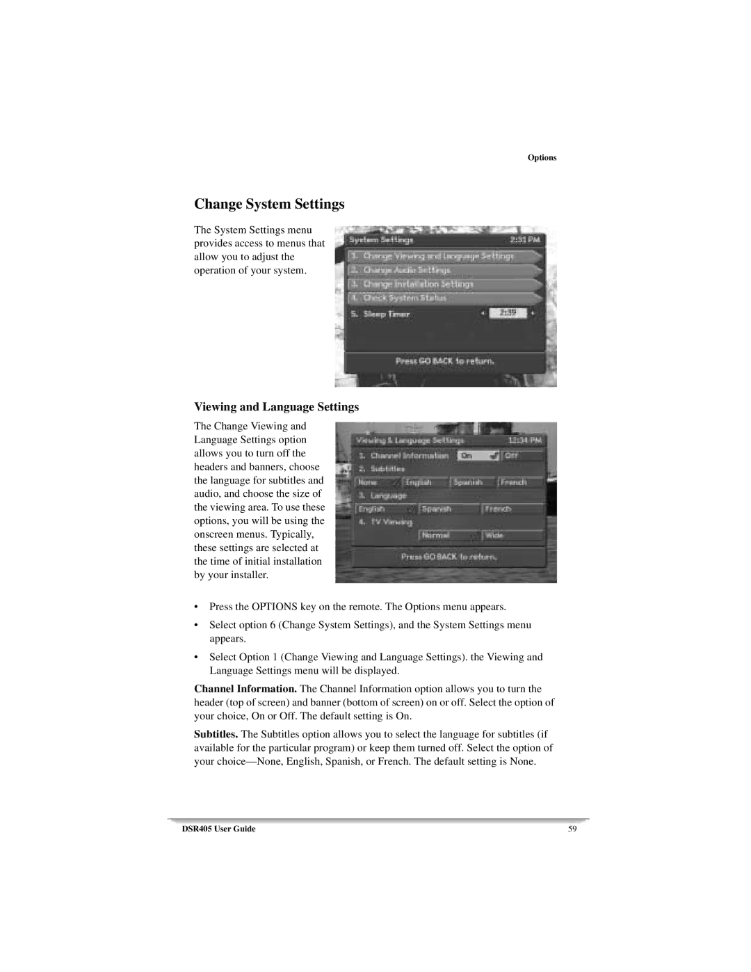 Motorola DSR405 manual Change System Settings, Viewing and Language Settings 