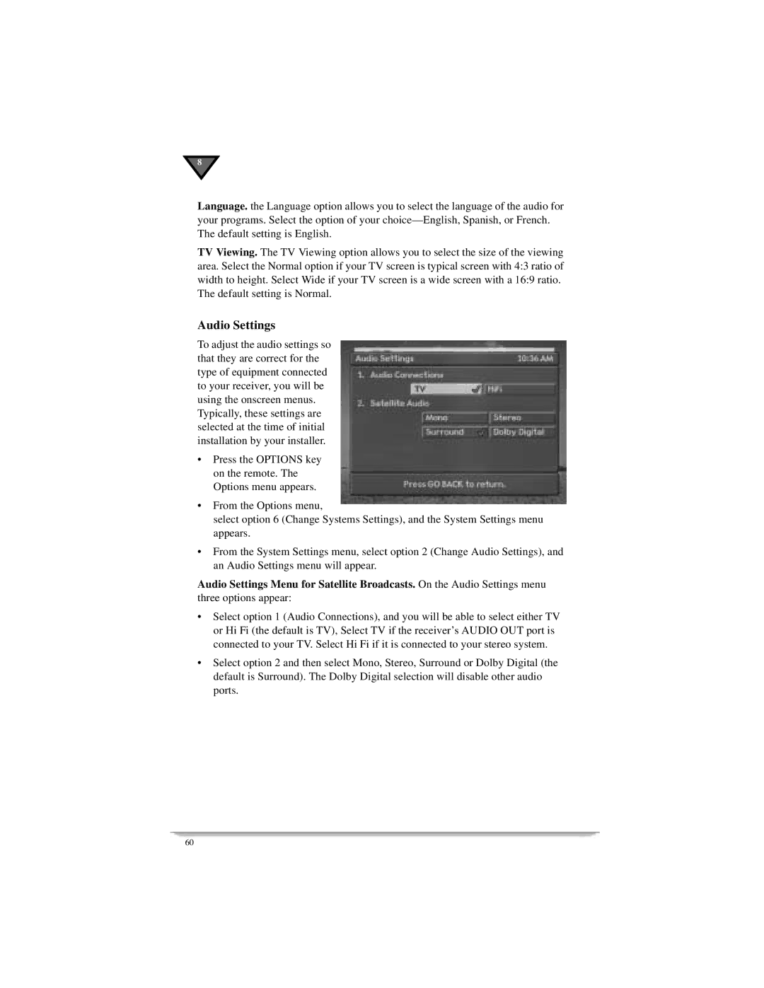 Motorola DSR405 manual Audio Settings 