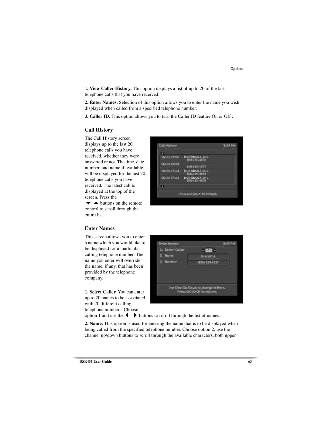 Motorola DSR405 manual Call History, Enter Names 