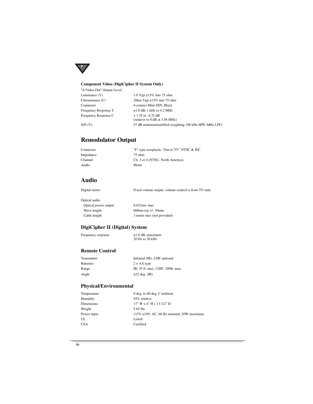 Motorola DSR405 manual Remodulator Output, Audio, DigiCipher II Digital System, Remote Control, Physical/Environmental 