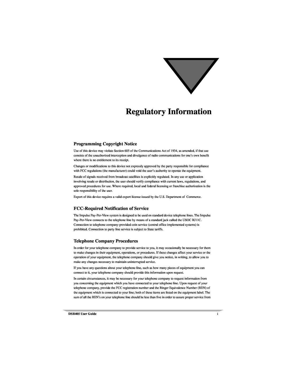 Motorola DSR405 manual Regulatory Information, Programming Copyright Notice, FCC-Required Notification of Service 