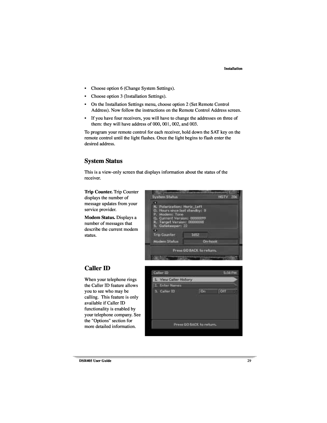 Motorola DSR405 manual System Status, Caller ID 