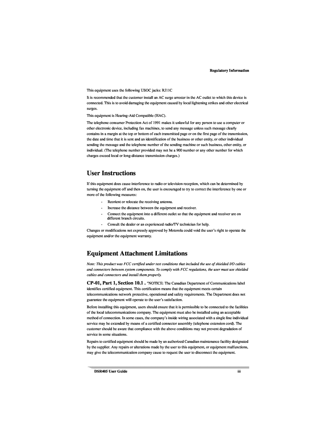 Motorola manual User Instructions, Equipment Attachment Limitations, Regulatory Information, DSR405 User Guide 
