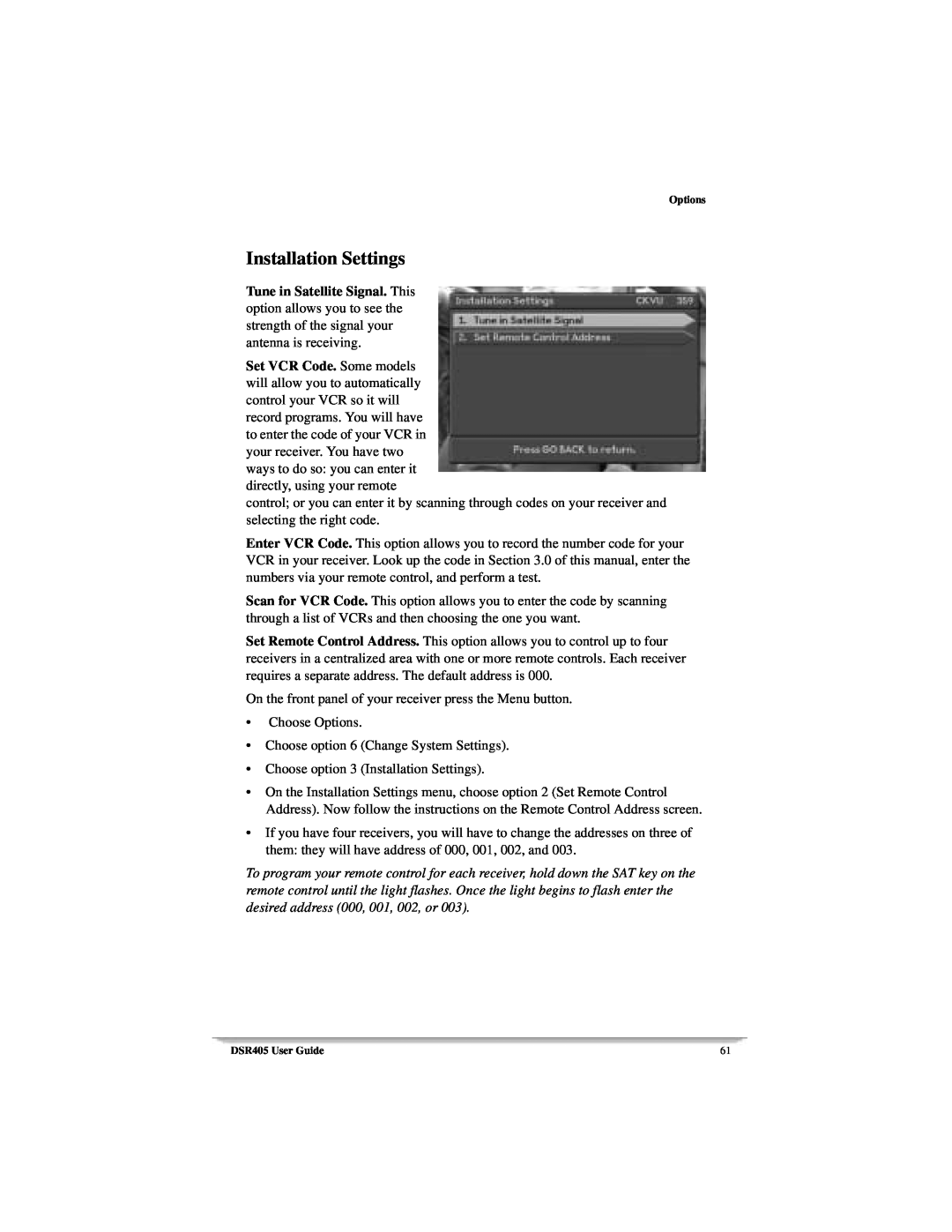 Motorola DSR405 manual Installation Settings 