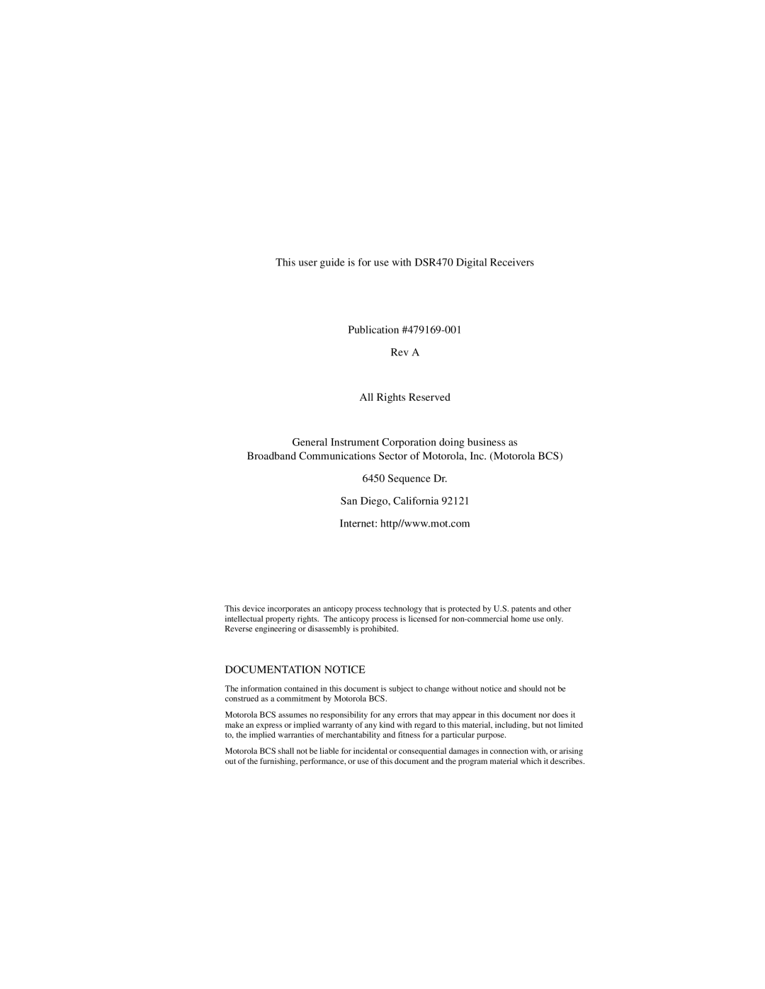 Motorola DSR470 manual Documentation Notice 