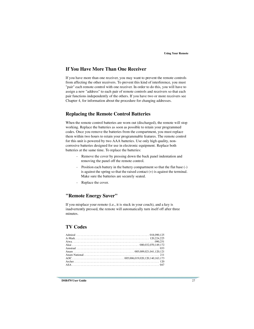 Motorola DSR470 If You Have More Than One Receiver, Replacing the Remote Control Batteries, Remote Energy Saver, TV Codes 