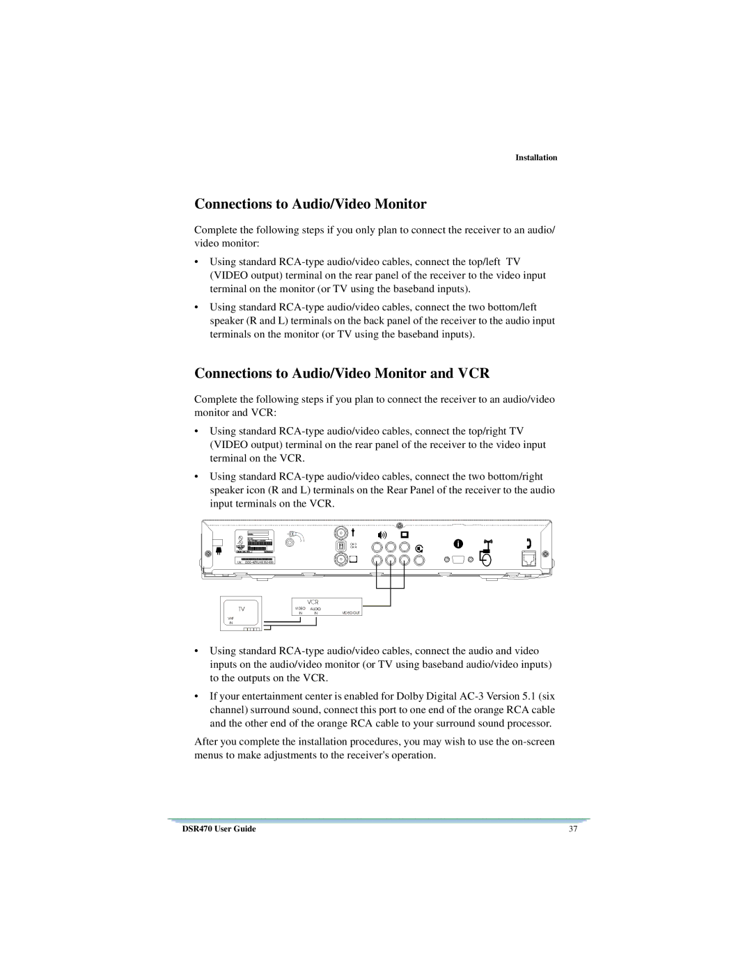 Motorola DSR470 manual Connections to Audio/Video Monitor and VCR 