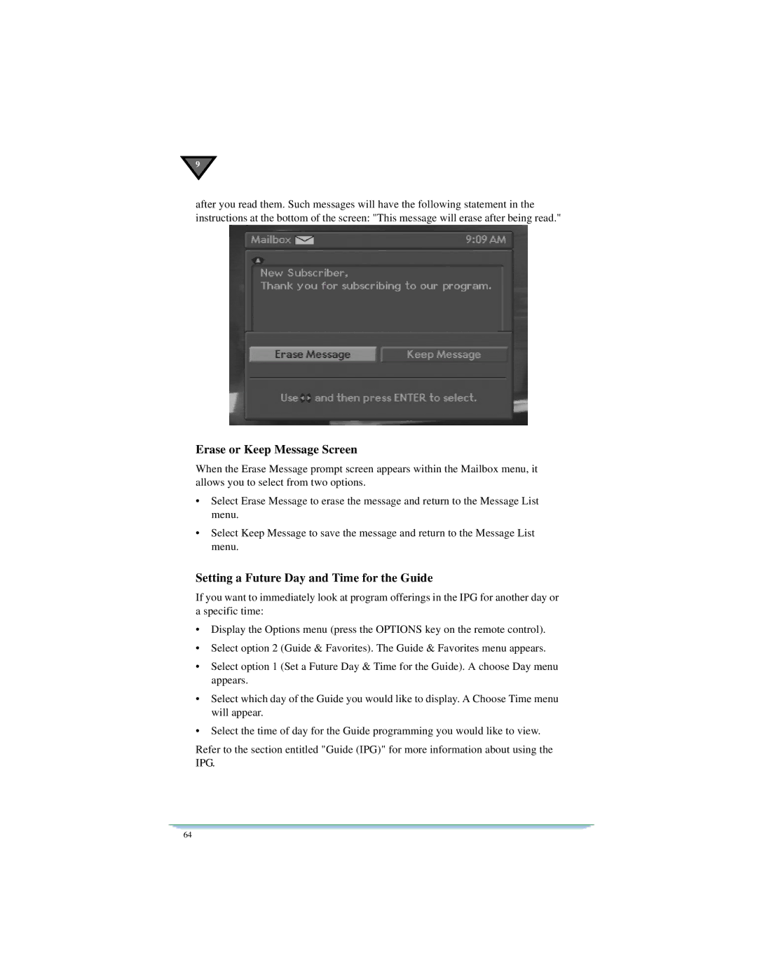 Motorola DSR470 manual Erase or Keep Message Screen, Setting a Future Day and Time for the Guide 