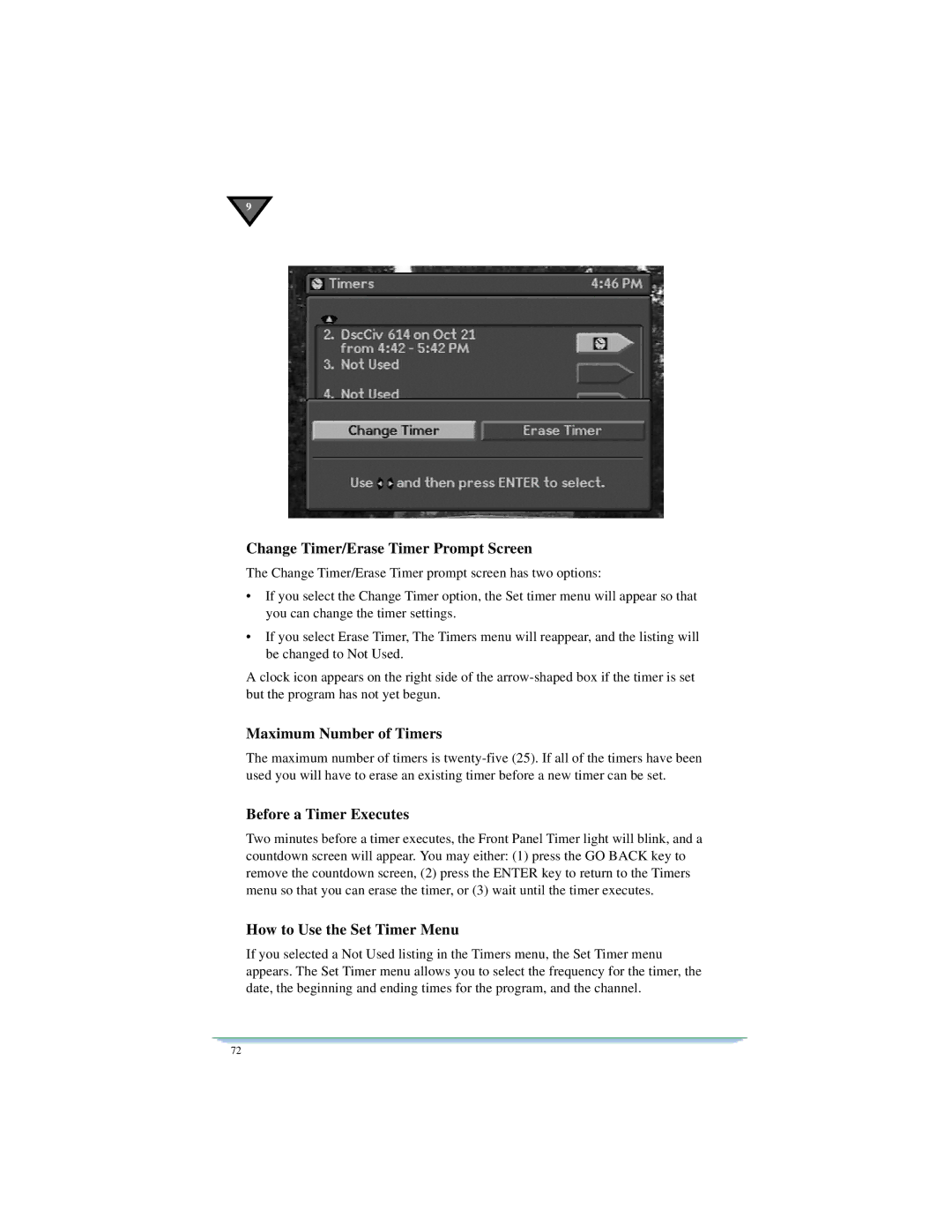 Motorola DSR470 manual Change Timer/Erase Timer Prompt Screen, Maximum Number of Timers, Before a Timer Executes 