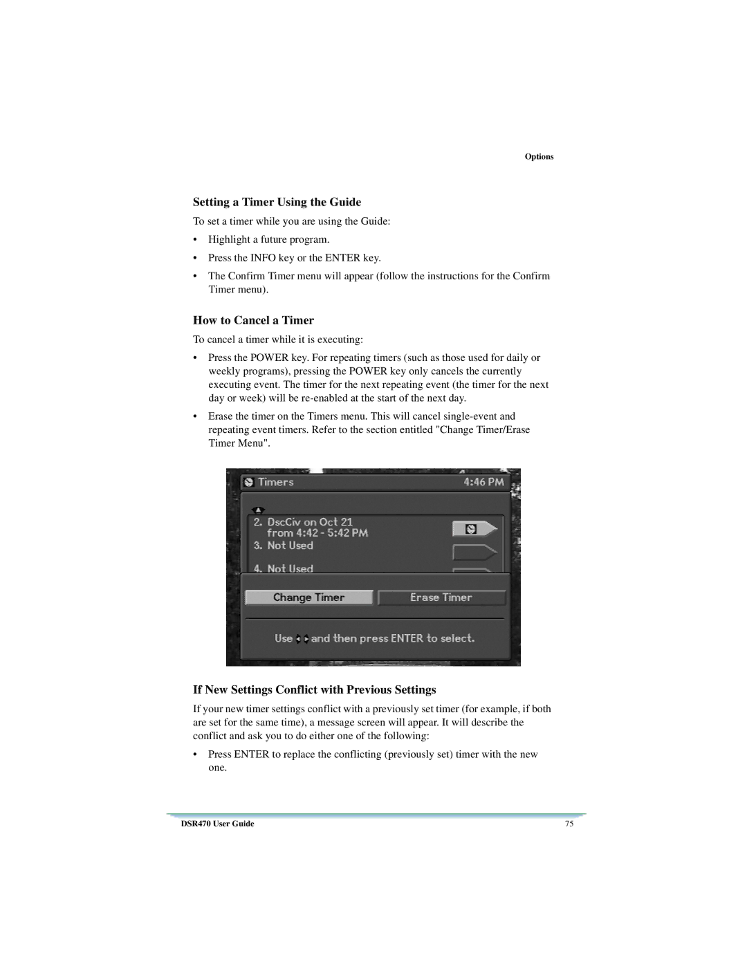 Motorola DSR470 Setting a Timer Using the Guide, How to Cancel a Timer, If New Settings Conflict with Previous Settings 