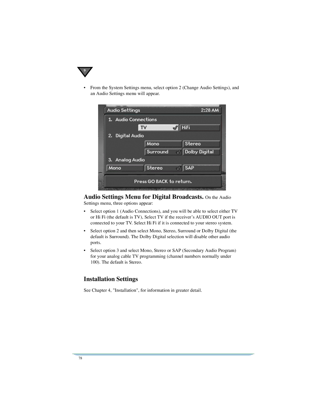 Motorola DSR470 manual Audio Settings Menu for Digital Broadcasts. On the Audio, Installation Settings 