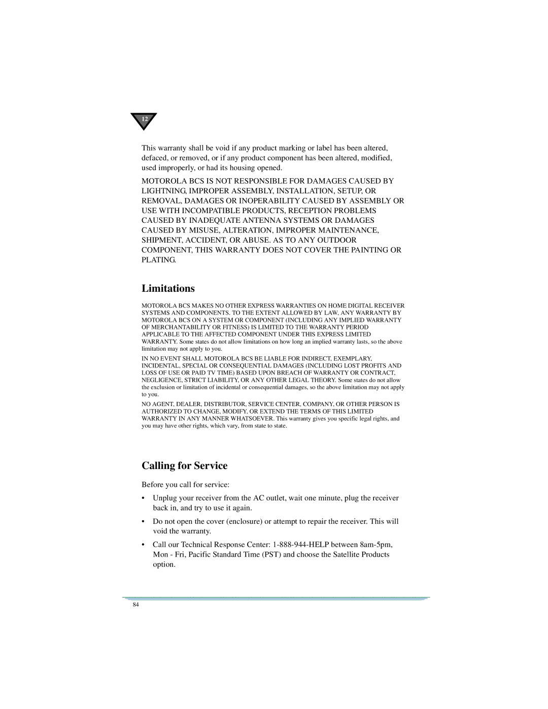Motorola DSR470 manual Limitations, Calling for Service 