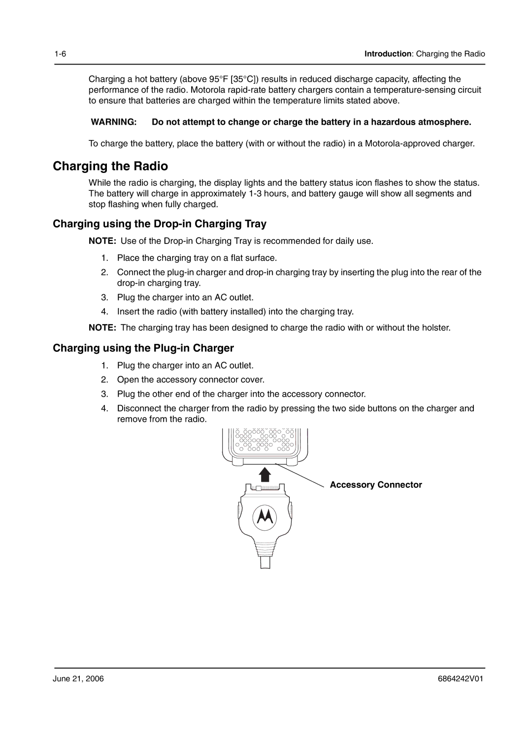 Motorola DTR2450, DTR2430 Charging the Radio, Charging using the Drop-in Charging Tray, Charging using the Plug-in Charger 