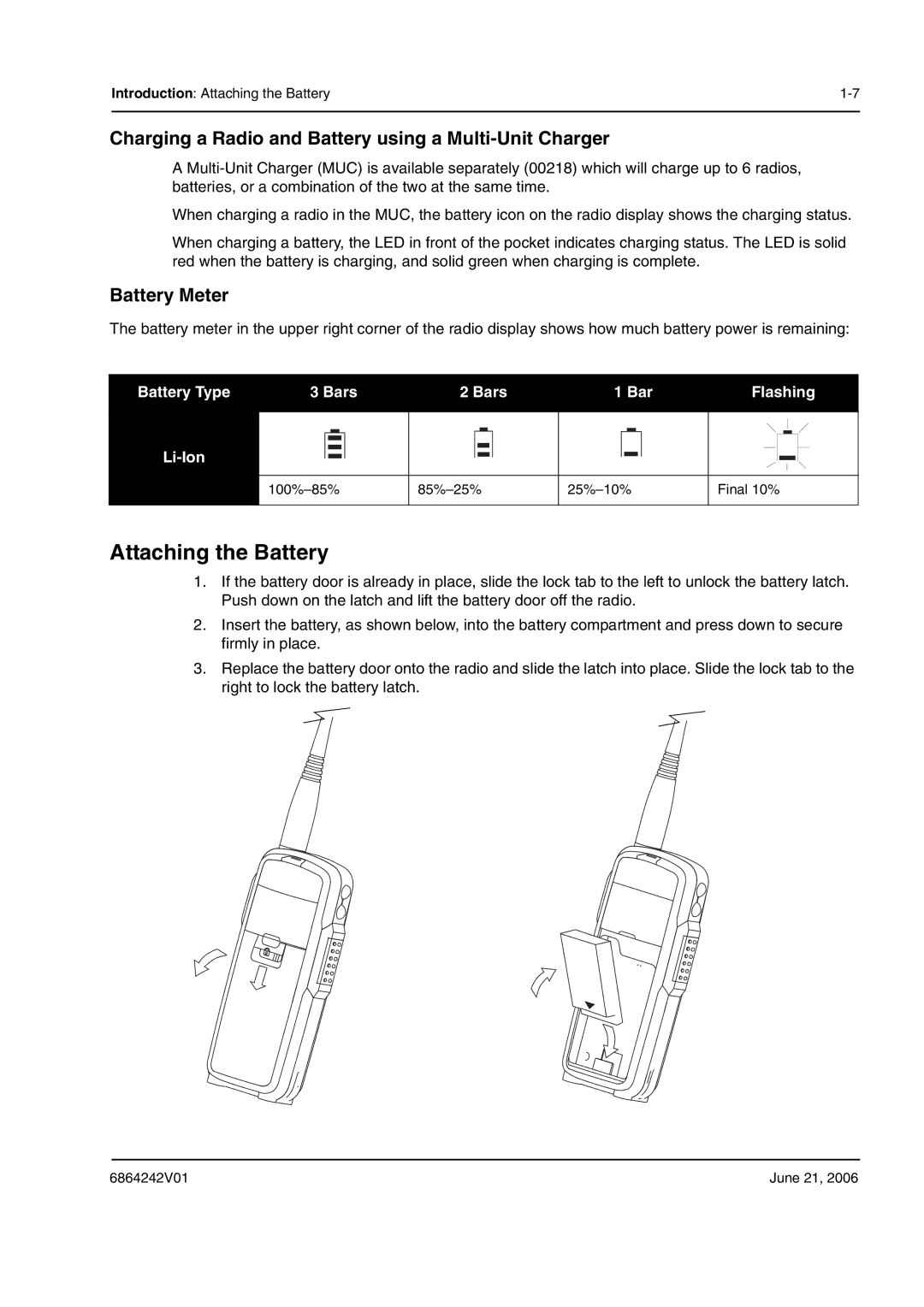 Motorola DTR2430, DTR2450 Attaching the Battery, Charging a Radio and Battery using a Multi-Unit Charger, Battery Meter 