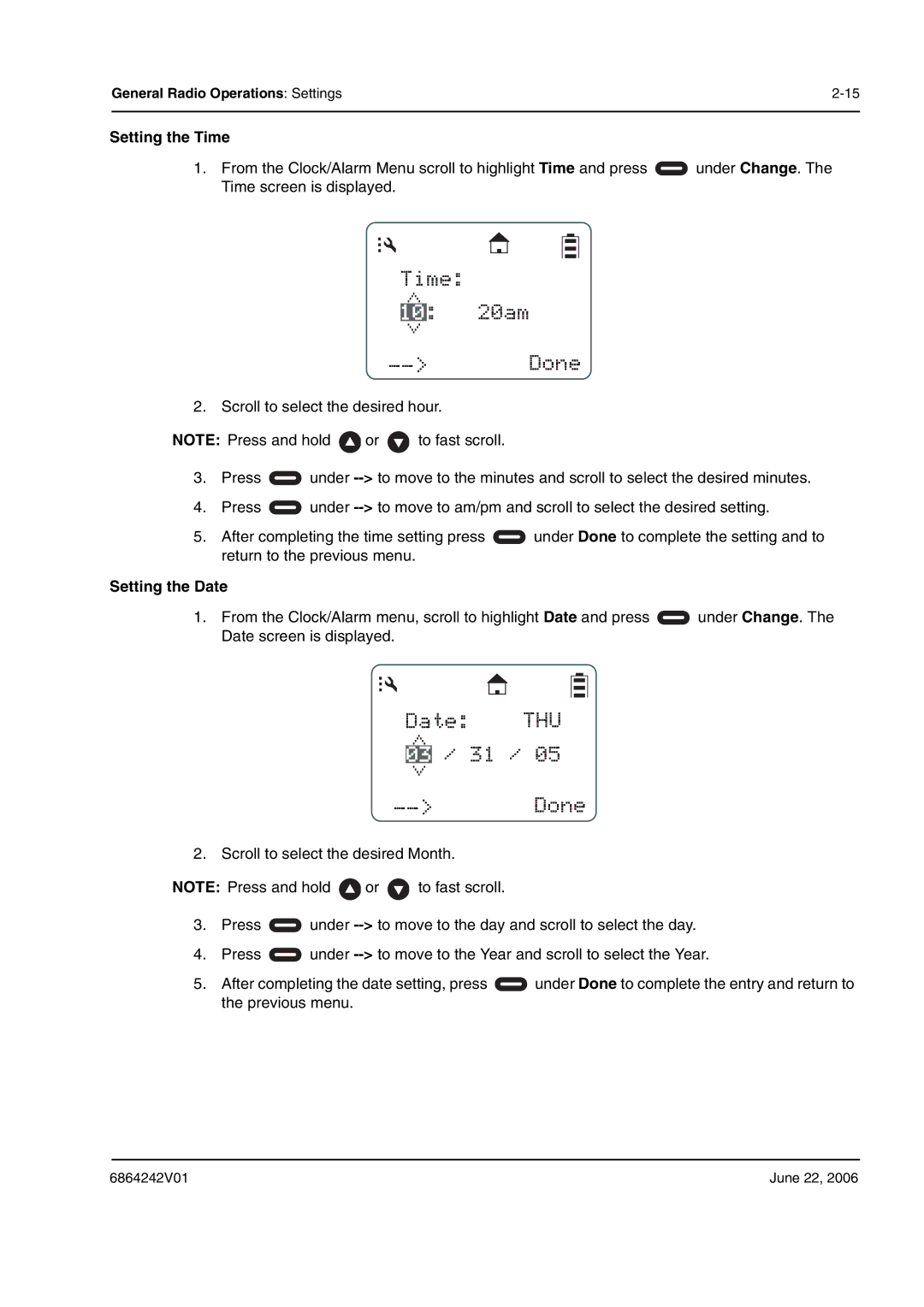 Motorola DTR2430, DTR2450 manual Time 10 20am Done, Setting the Time, Setting the Date 