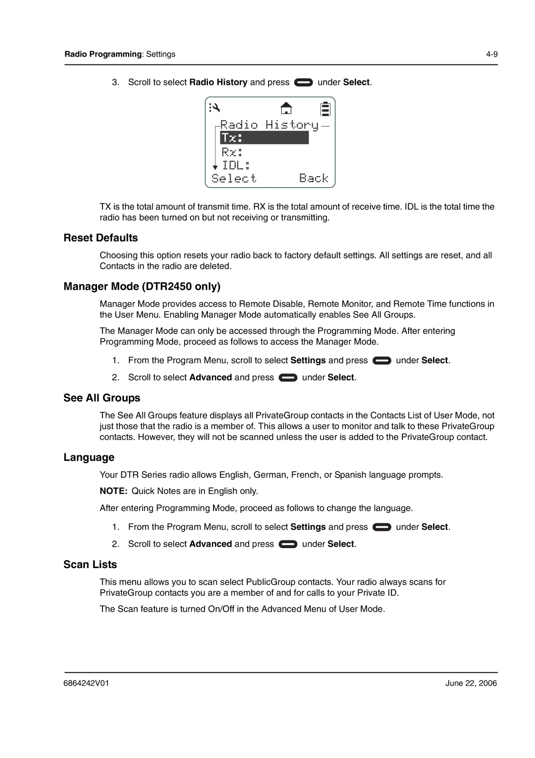 Motorola DTR2430, DTR2450 manual Radio History IDL Select Back 