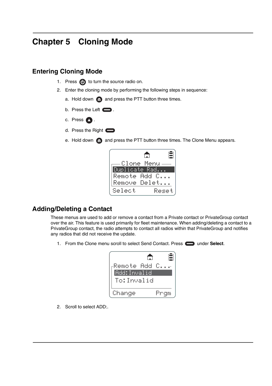 Motorola DTR2430, DTR2450 manual Cloning Mode, Clone Menu, Duplicate Rad, Remote Add C Remove Delet Select Reset 